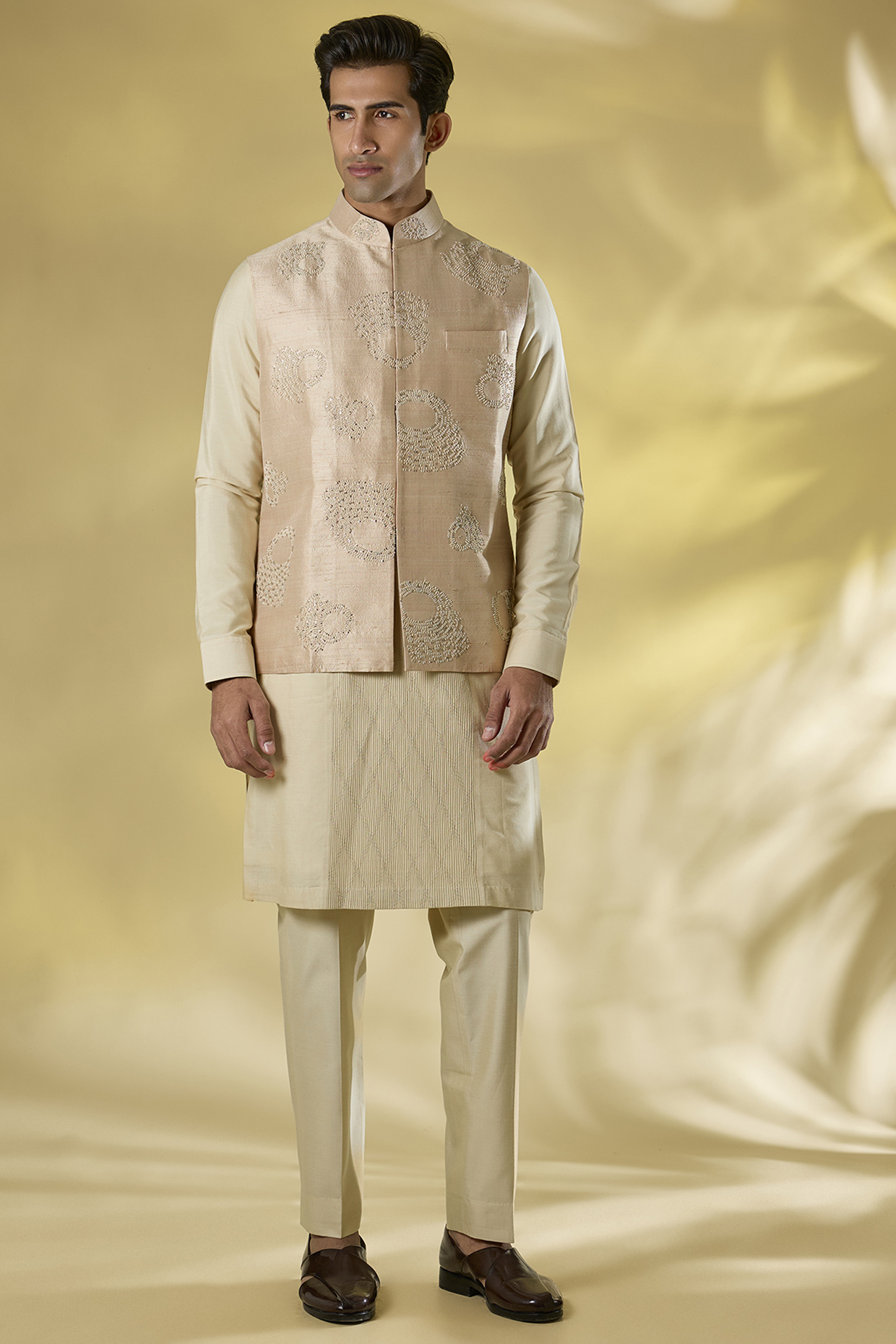 Beige Silk Nehru Jacket Set by Abkasa