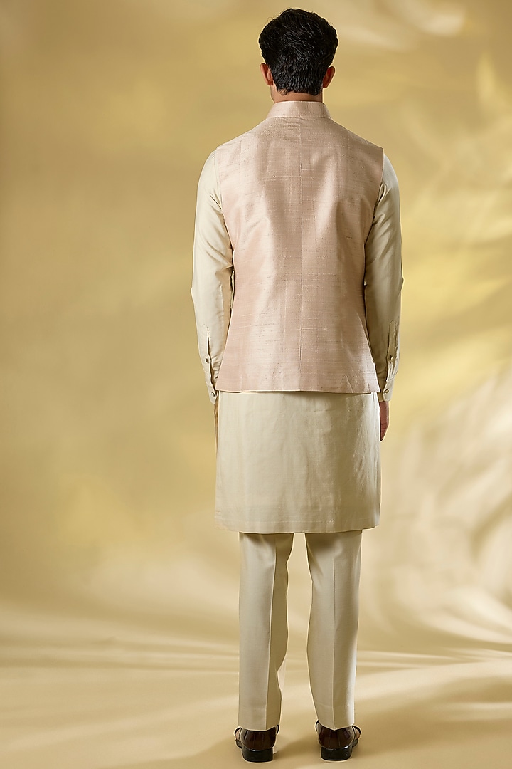 Beige Silk Nehru Jacket Set by Abkasa at Pernia's Pop Up Shop