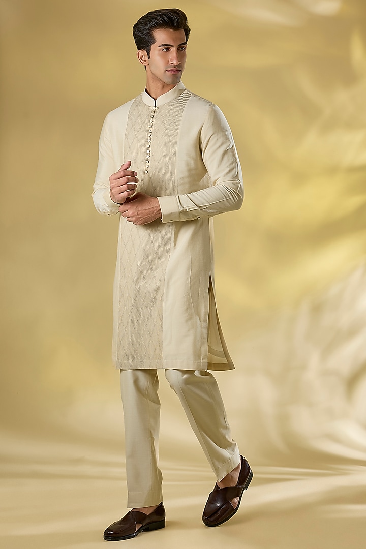 Beige Silk Nehru Jacket Set by Abkasa at Pernia's Pop Up Shop