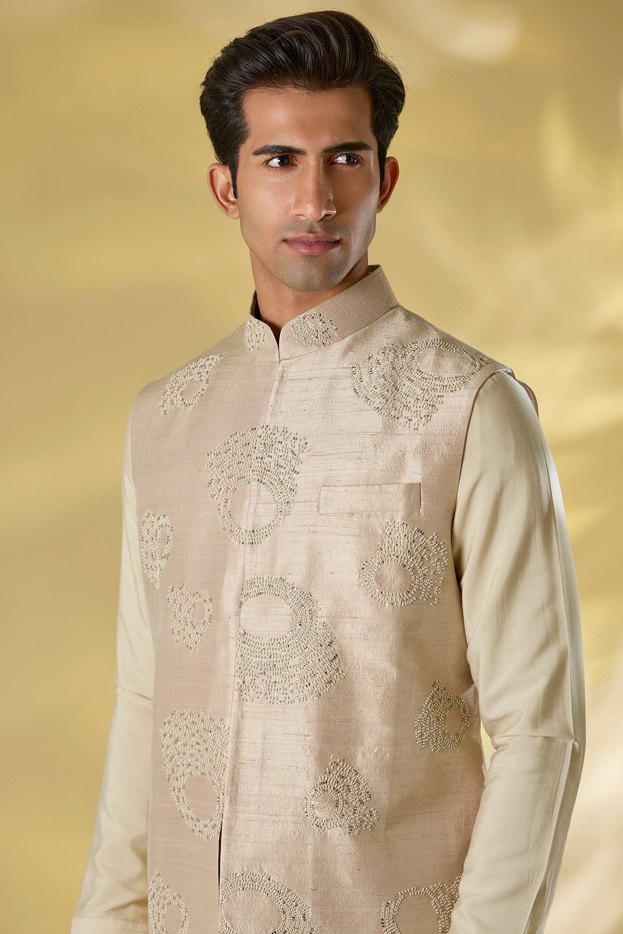 Beige Silk Nehru Jacket Set by Abkasa at Pernia's Pop Up Shop 2026