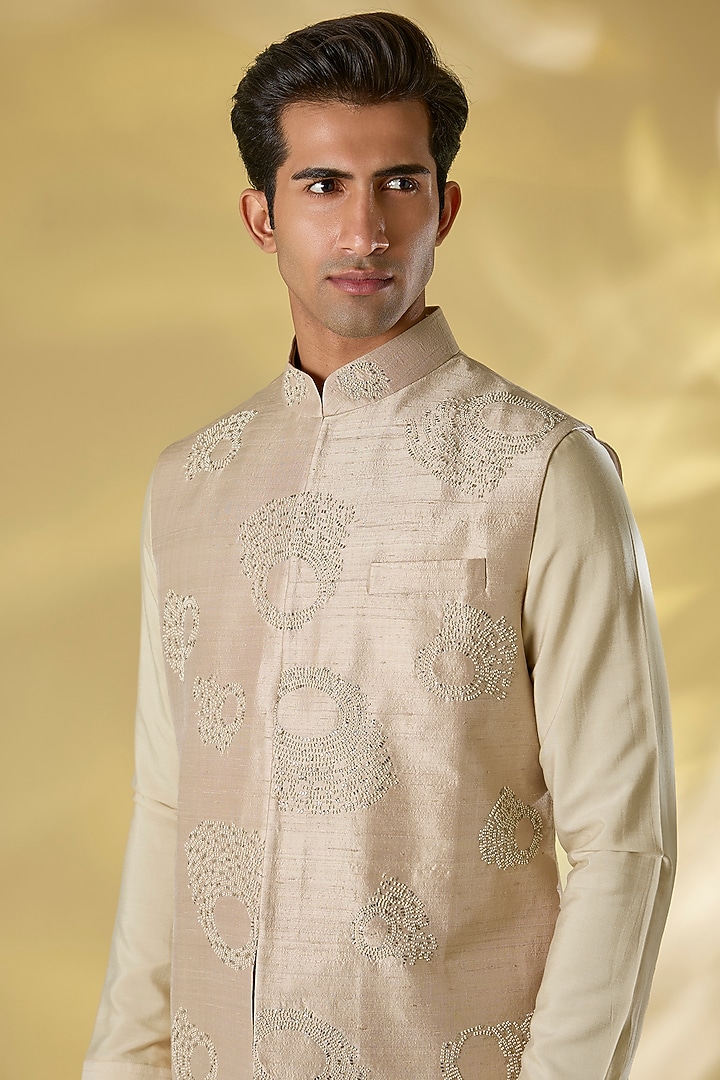 Beige Silk Nehru Jacket Set by Abkasa at Pernia's Pop Up Shop