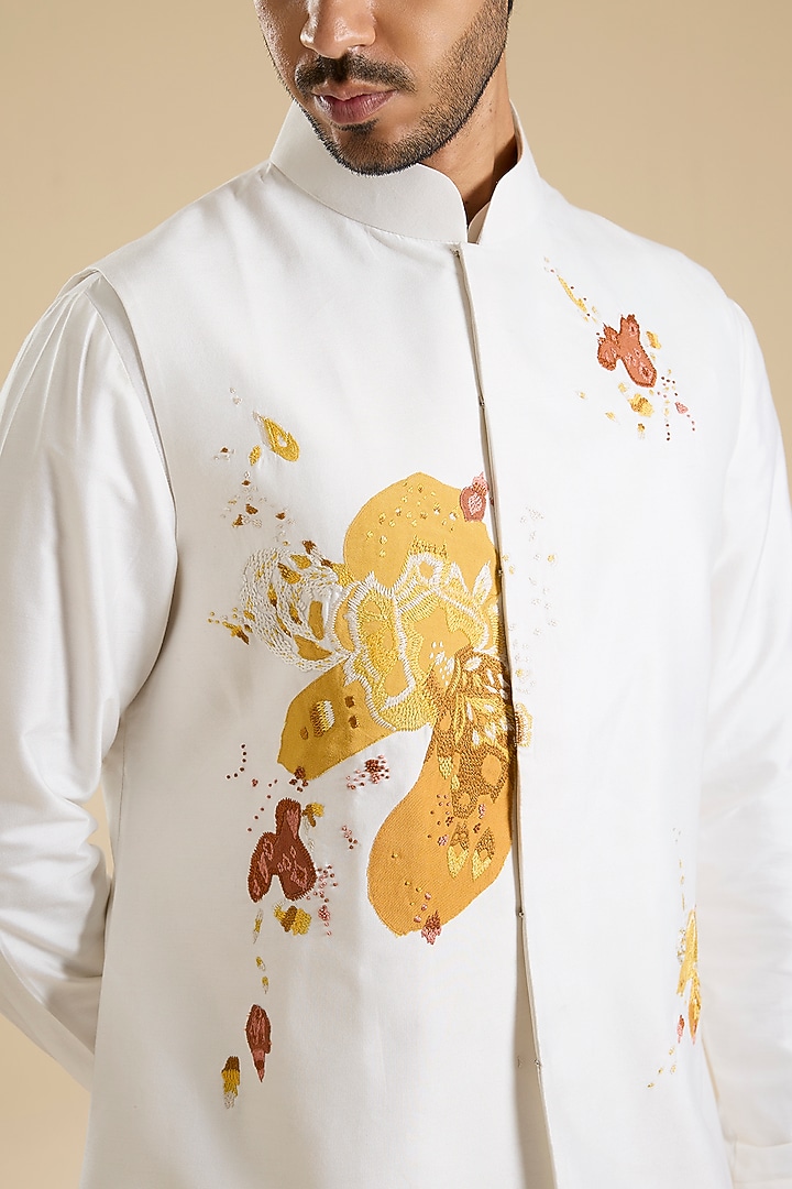White Cotton Silk Nehru Jacket Set by Abkasa at Pernia's Pop Up Shop