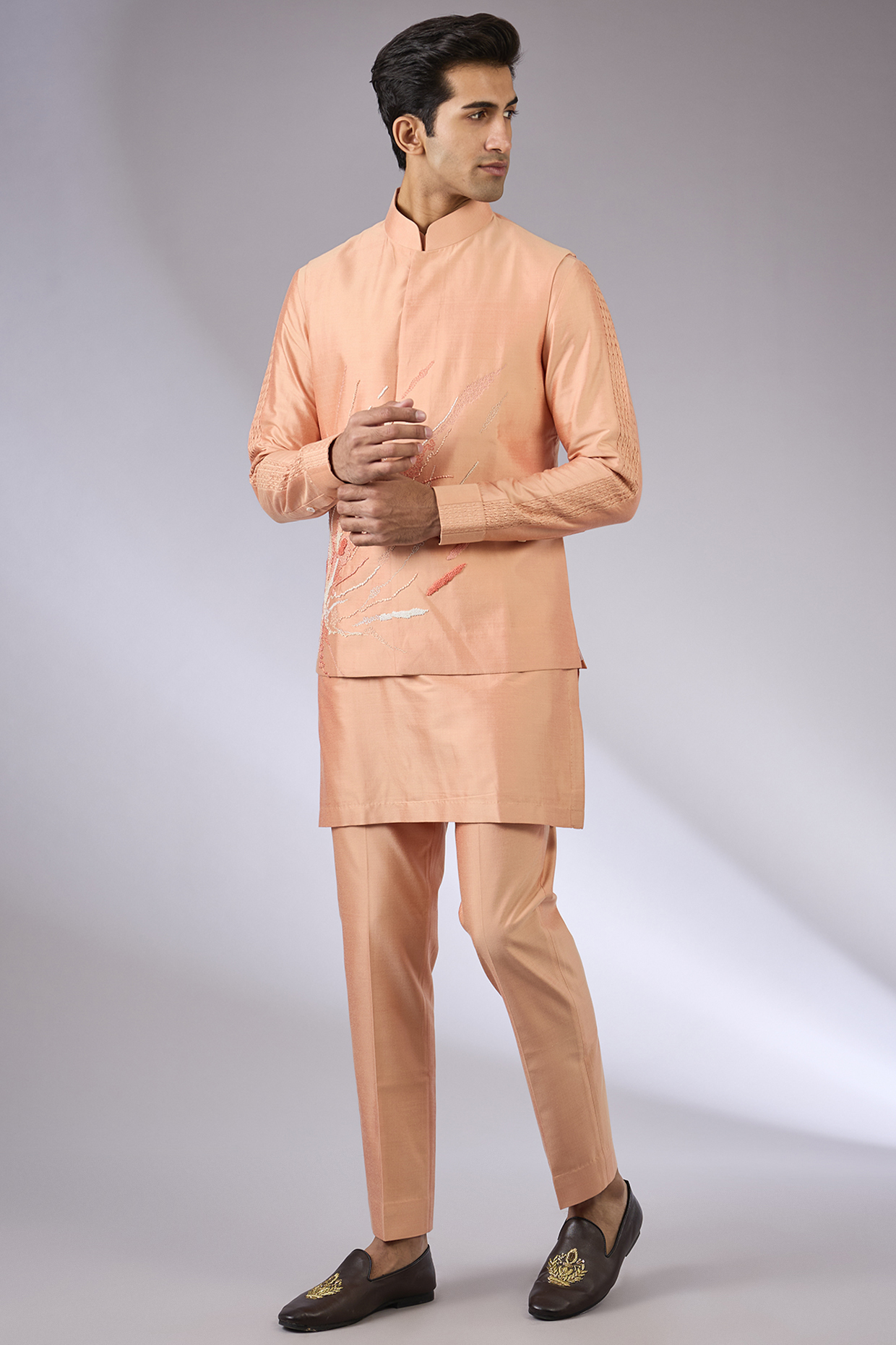 Tangerine Orange Silk Nehru Jacket Set by Abkasa