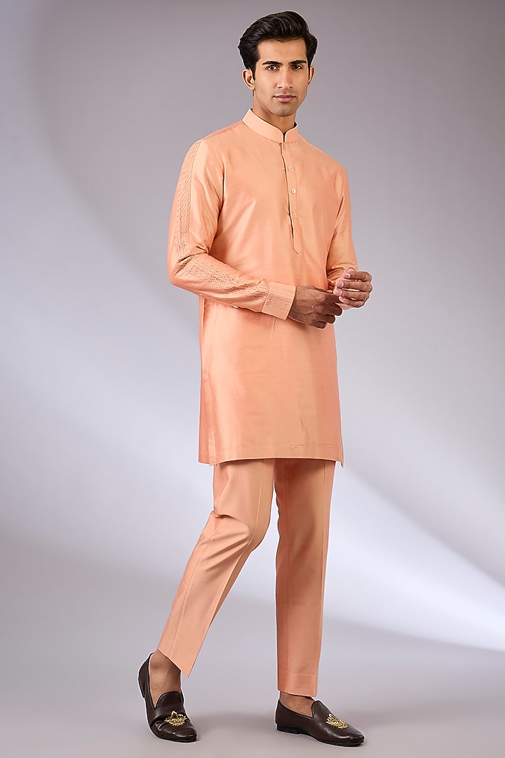 Tangerine Orange Silk Nehru Jacket Set by Abkasa at Pernia's Pop Up Shop