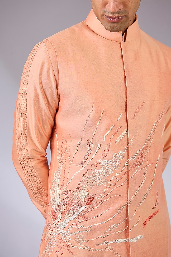 Tangerine Orange Silk Nehru Jacket Set by Abkasa at Pernia's Pop Up Shop