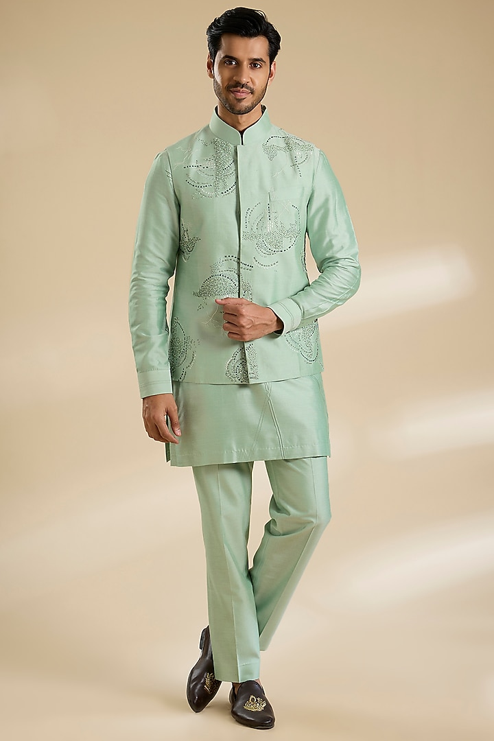Pista Green Cotton Silk Nehru Jacket Set by Abkasa