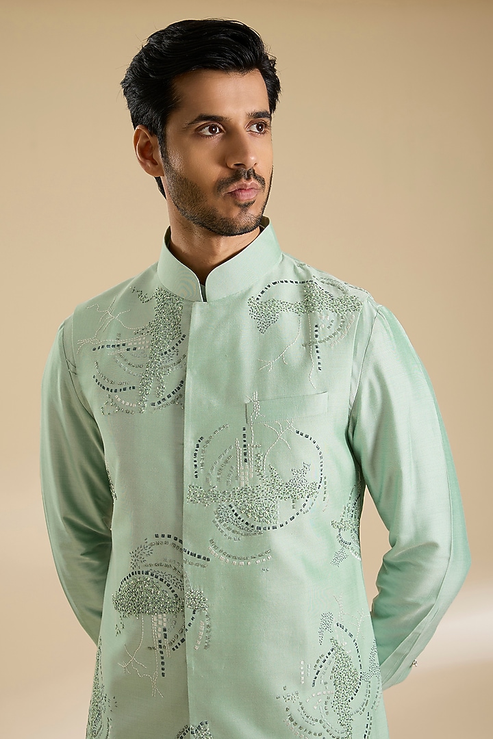 Pista Green Cotton Silk Nehru Jacket Set by Abkasa at Pernia's Pop Up Shop