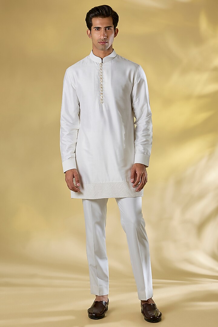 White Dupion Beads Embroidered Nehru Jacket Set by Abkasa at Pernia's Pop Up Shop