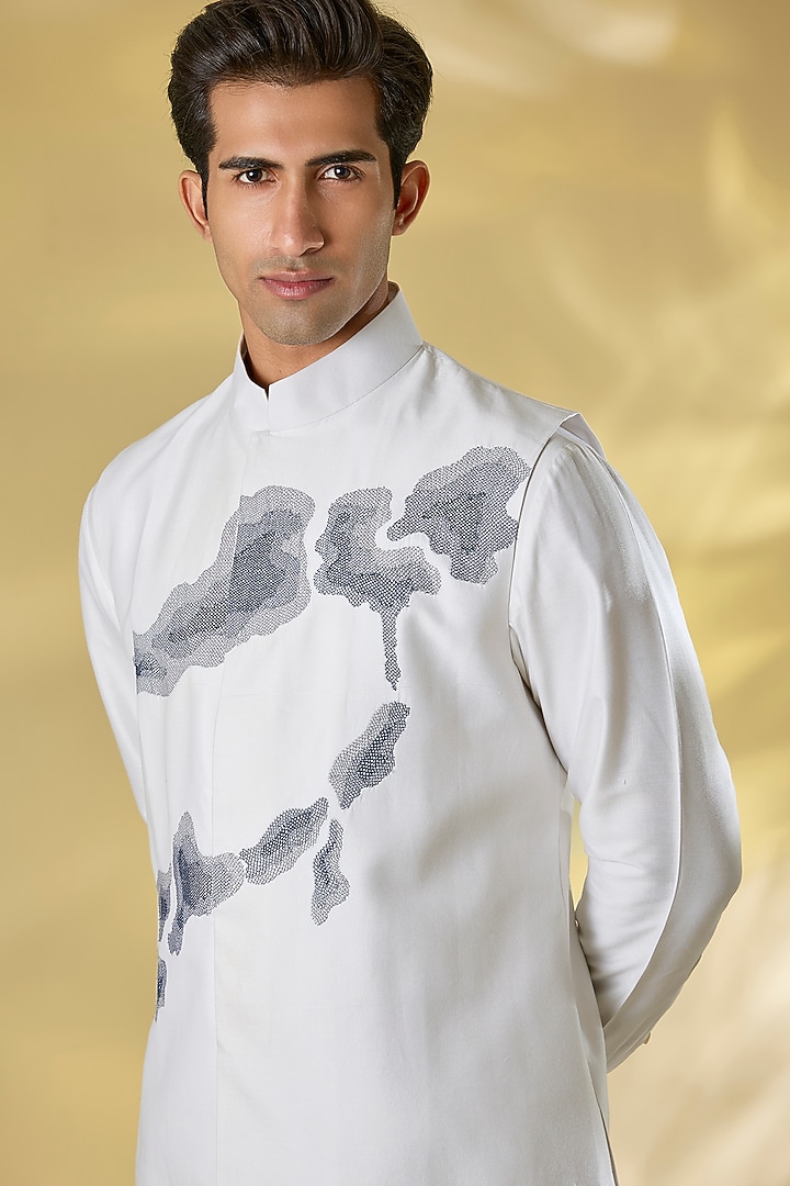 White Dupion Beads Embroidered Nehru Jacket Set by Abkasa at Pernia's Pop Up Shop