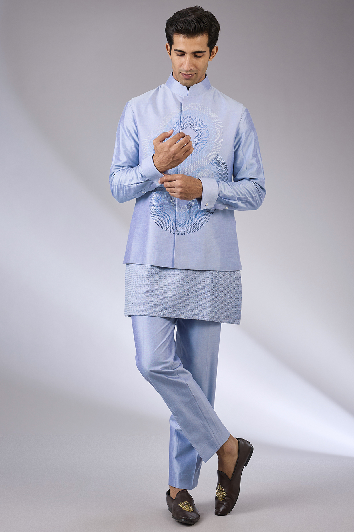 Blue Silk Nehru Jacket Set by Abkasa