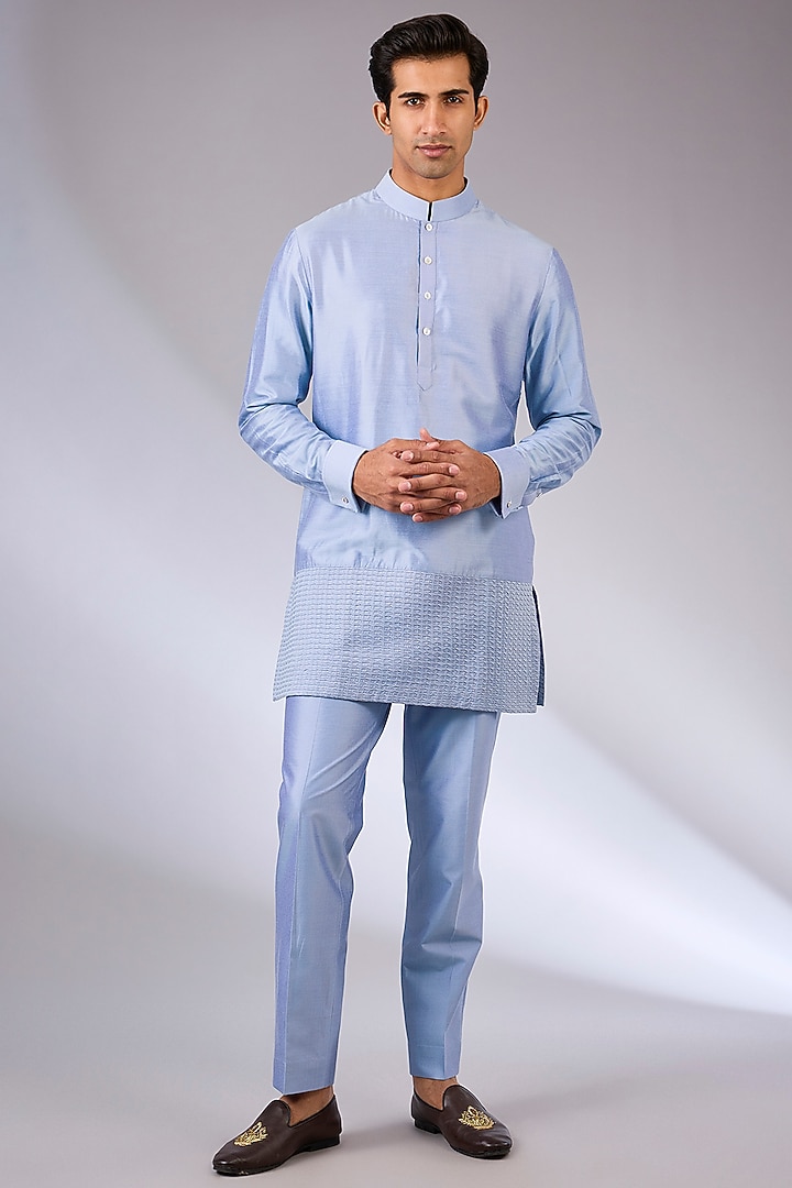 Blue Silk Nehru Jacket Set by Abkasa at Pernia's Pop Up Shop