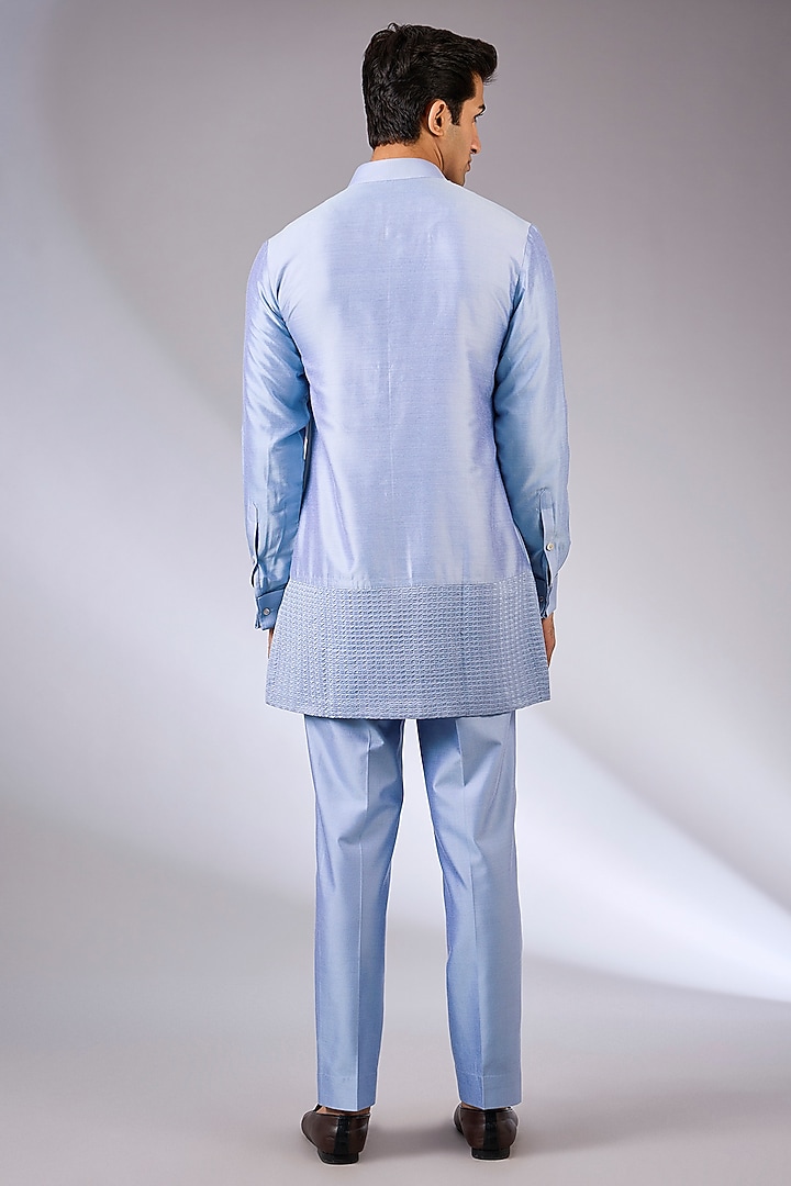 Blue Silk Nehru Jacket Set by Abkasa at Pernia's Pop Up Shop