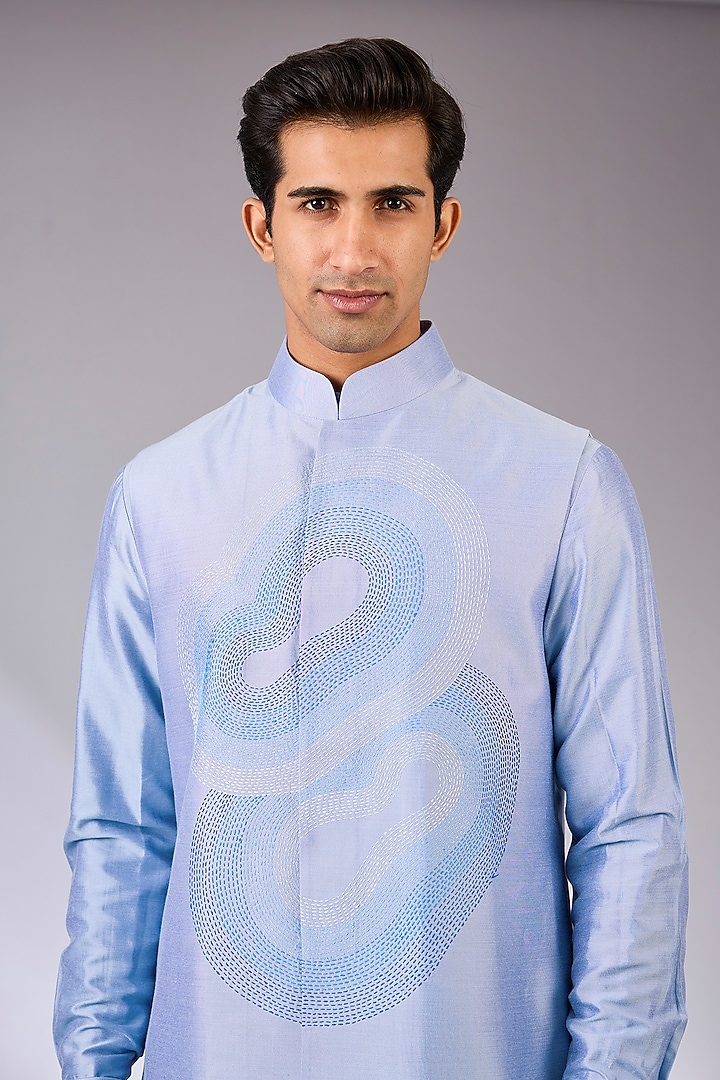 Blue Silk Nehru Jacket Set by Abkasa at Pernia's Pop Up Shop