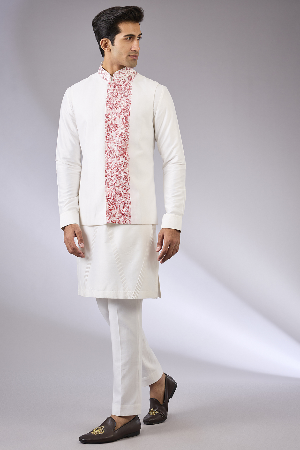 White Silk Nehru Jacket Set by Abkasa