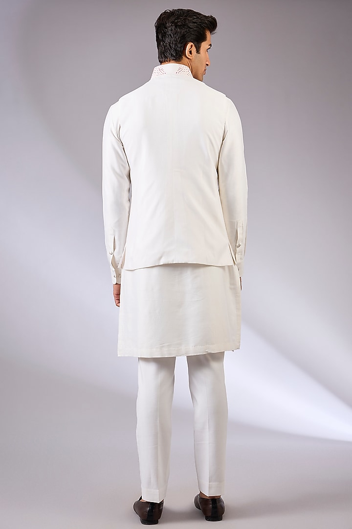 White Silk Nehru Jacket Set by Abkasa at Pernia's Pop Up Shop