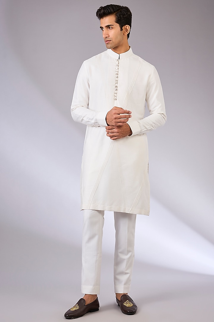 White Silk Nehru Jacket Set by Abkasa at Pernia's Pop Up Shop