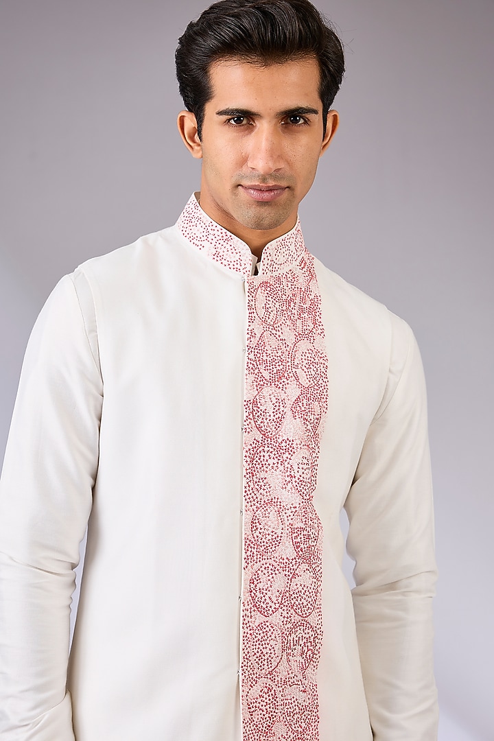 White Silk Nehru Jacket Set by Abkasa at Pernia's Pop Up Shop