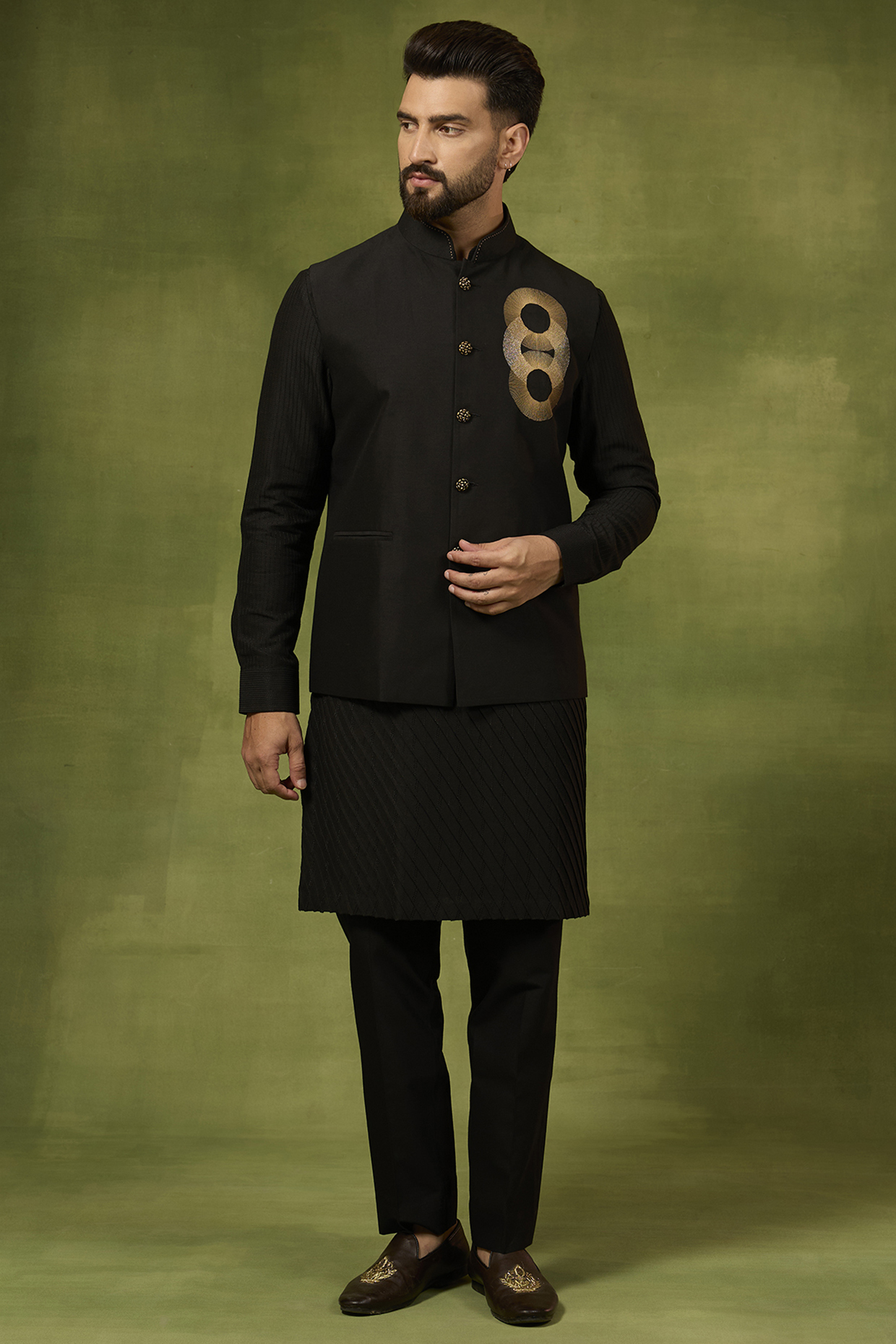 Black Georgette & Silk Threadwork Bundi Jacket Set by Abkasa