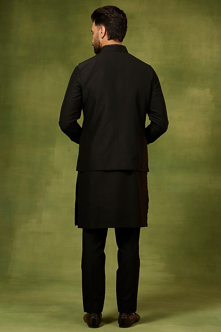 Black Georgette & Silk Threadwork Bundi Jacket Set by Abkasa at Pernia's Pop Up Shop