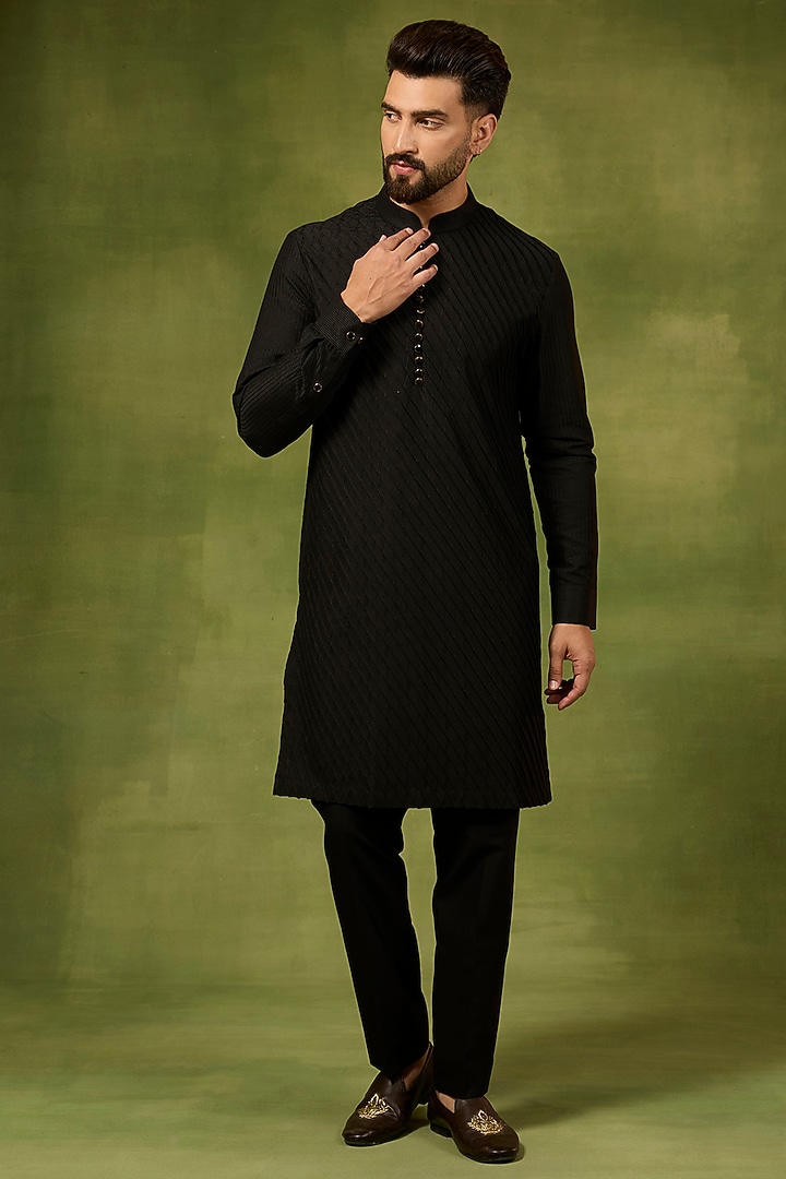 Black Georgette & Silk Threadwork Bundi Jacket Set by Abkasa at Pernia's Pop Up Shop