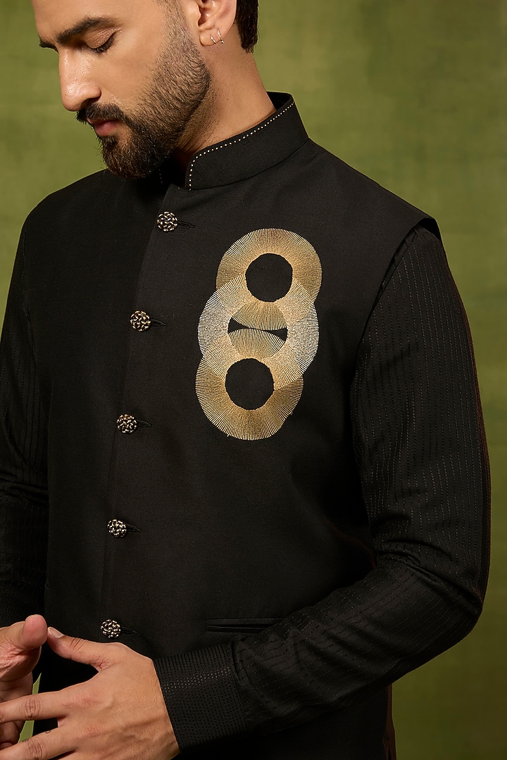 Black Georgette & Silk Threadwork Bundi Jacket Set by Abkasa at Pernia's Pop Up Shop