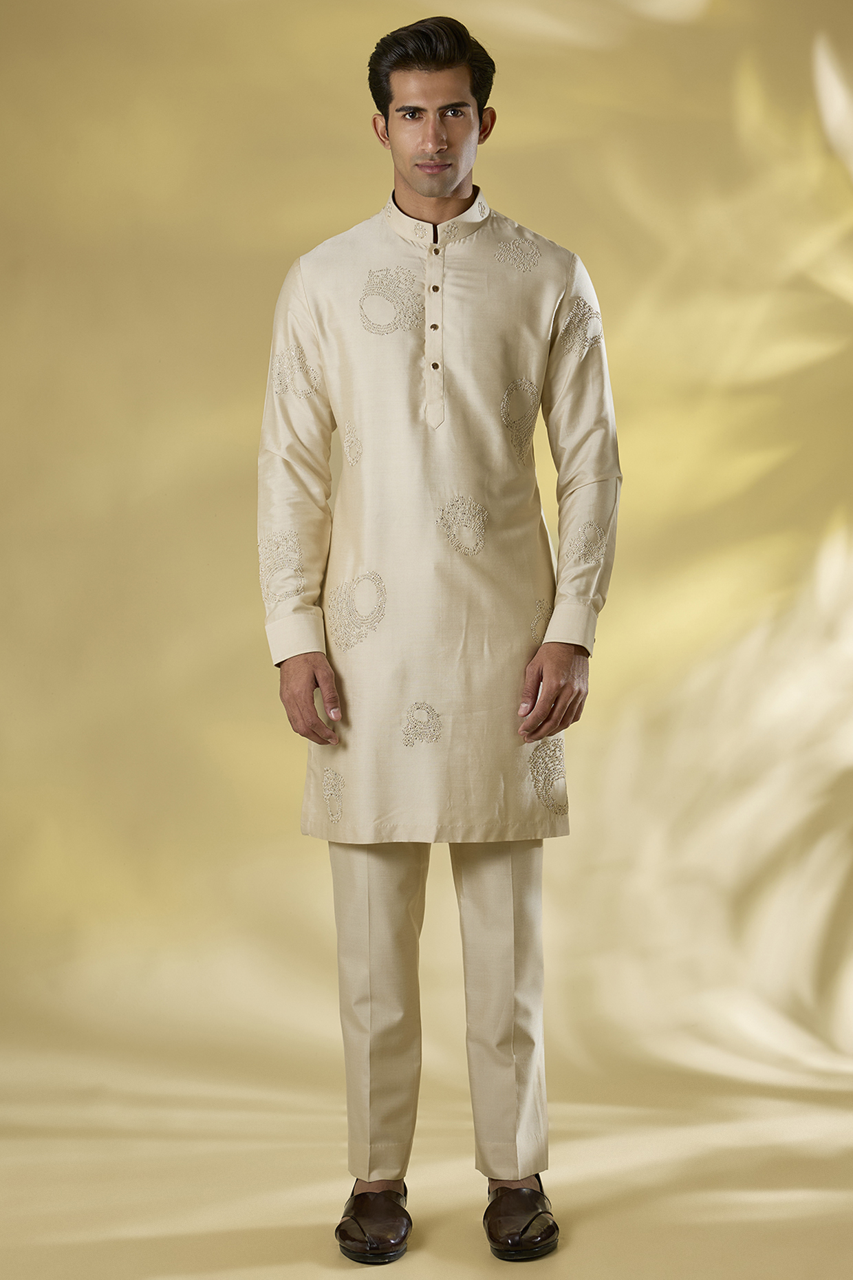Beige Katan Silk Texture Embroidered Kurta Set by Abkasa