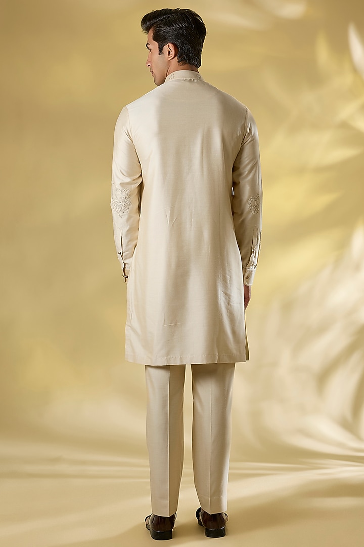 Beige Katan Silk Texture Embroidered Kurta Set by Abkasa at Pernia's Pop Up Shop