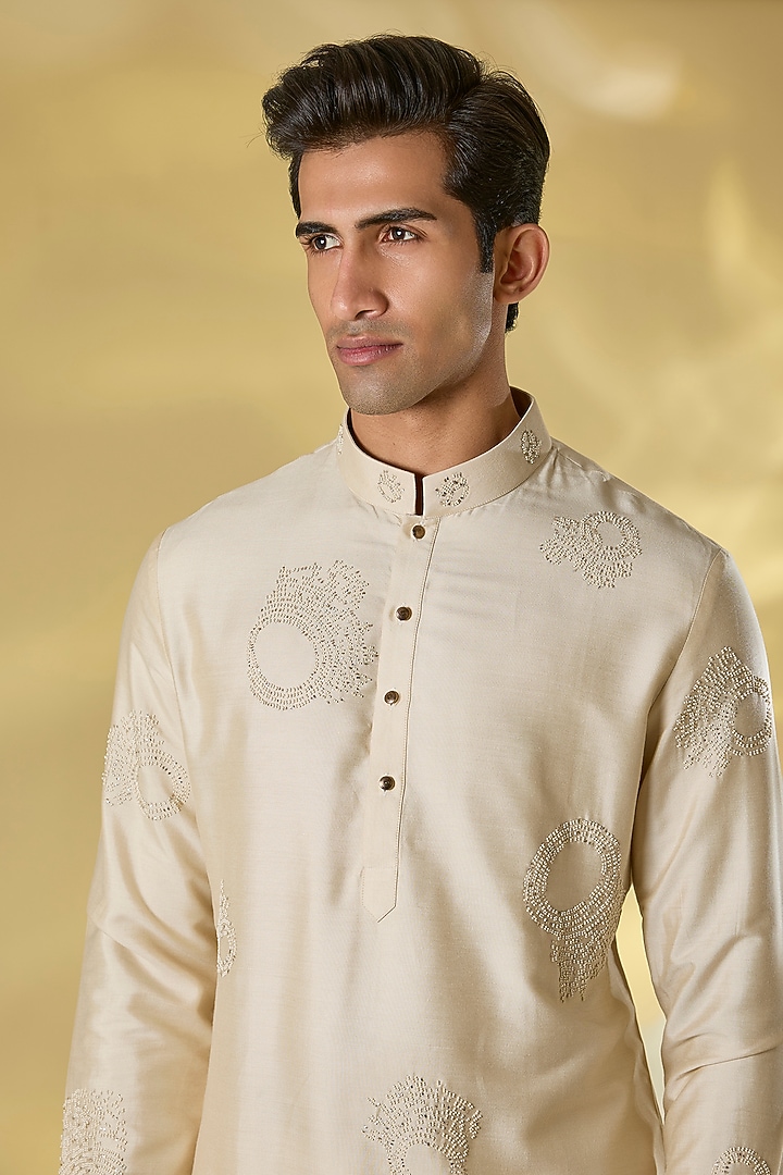Beige Katan Silk Texture Embroidered Kurta Set by Abkasa at Pernia's Pop Up Shop