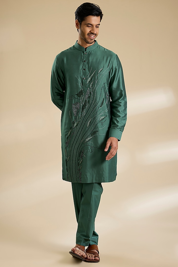 Moss Green Cotton Silk Kurta Set by Abkasa