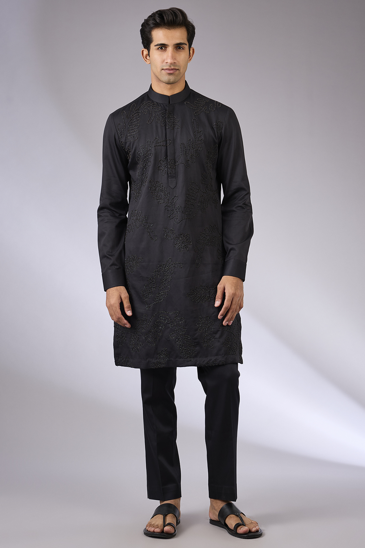 Black Modal Satin Woven Kurta Set by Abkasa