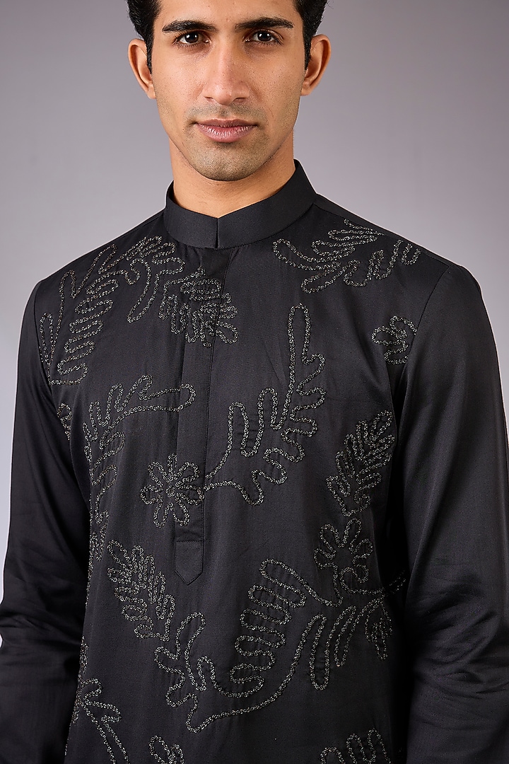 Black Modal Satin Woven Kurta Set by Abkasa at Pernia's Pop Up Shop