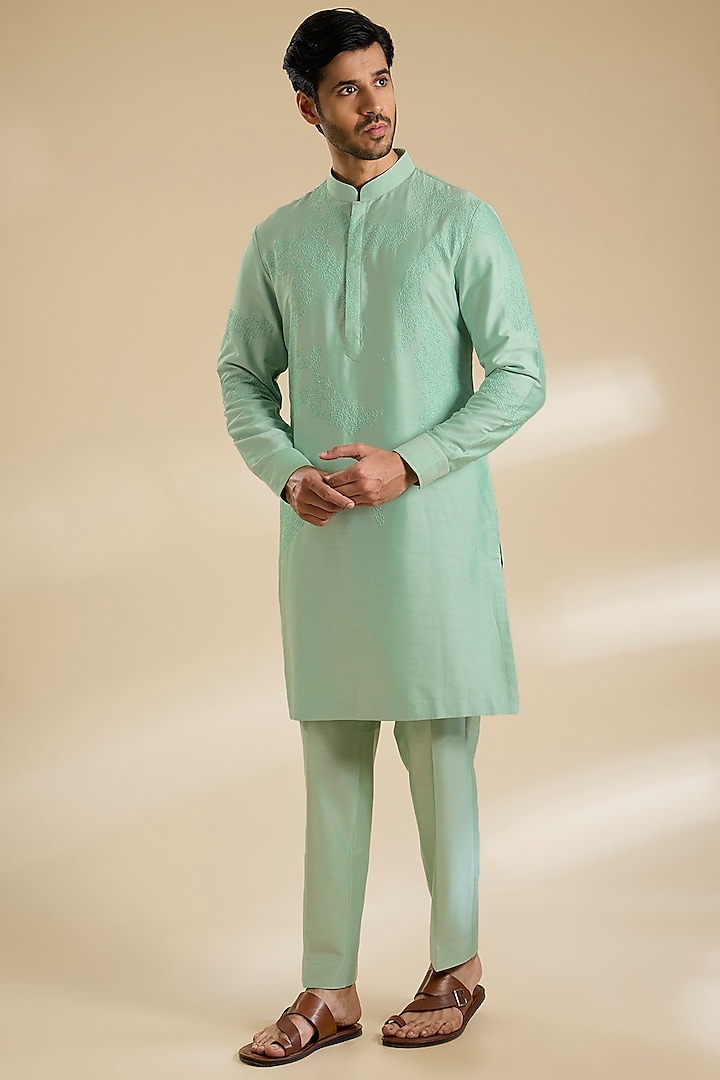 Pista Green Cotton Silk Kurta Set by Abkasa