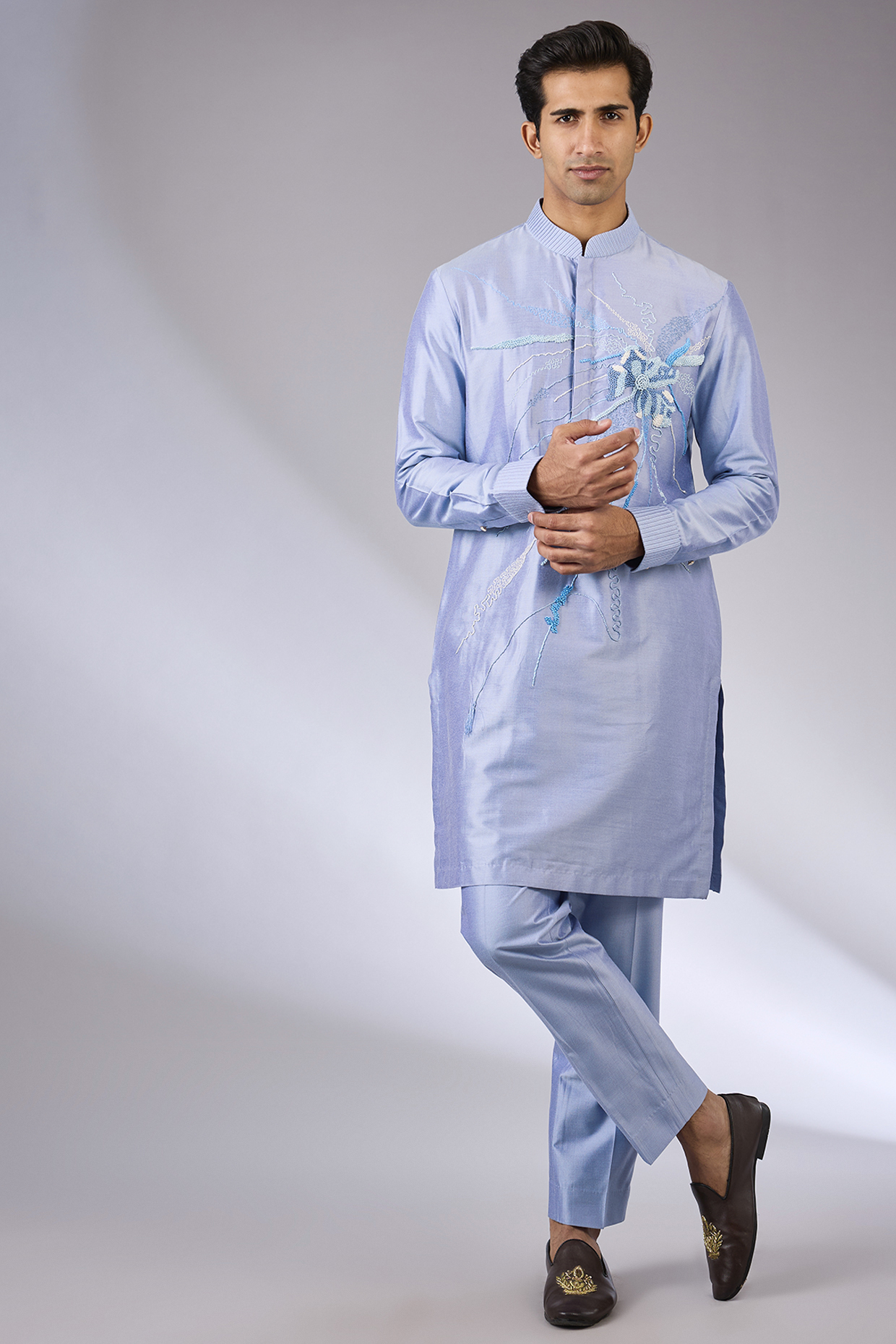 Blue Silk Woven Kurta Set by Abkasa