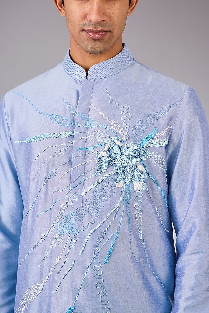 Blue Silk Woven Kurta Set by Abkasa at Pernia's Pop Up Shop