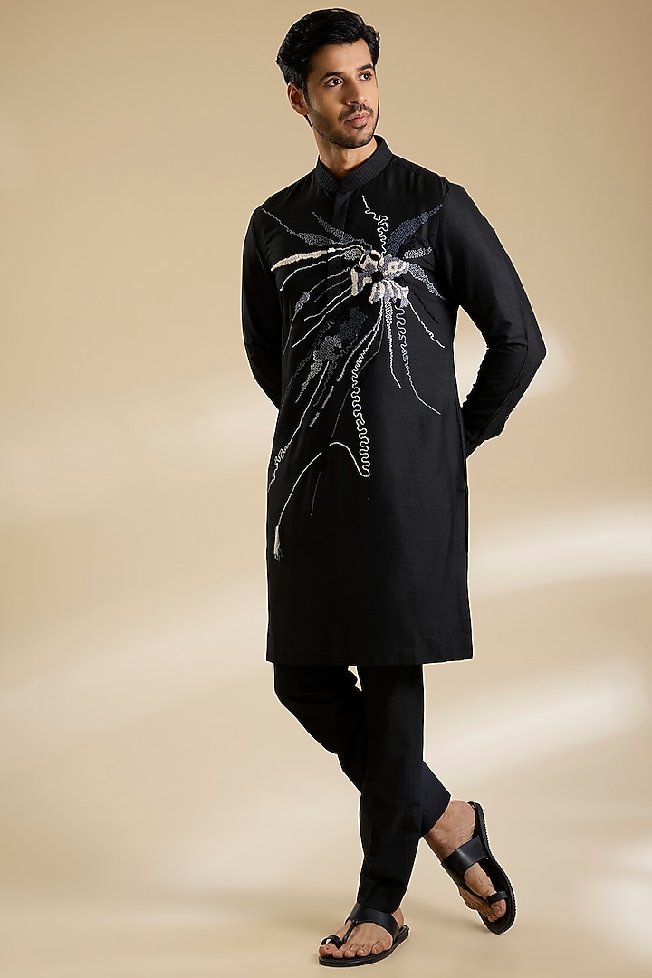 Black Cotton Silk Kurta Set by Abkasa