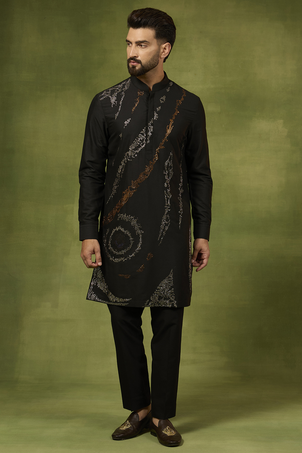 Black Silk Woven Kurta Set by Abkasa