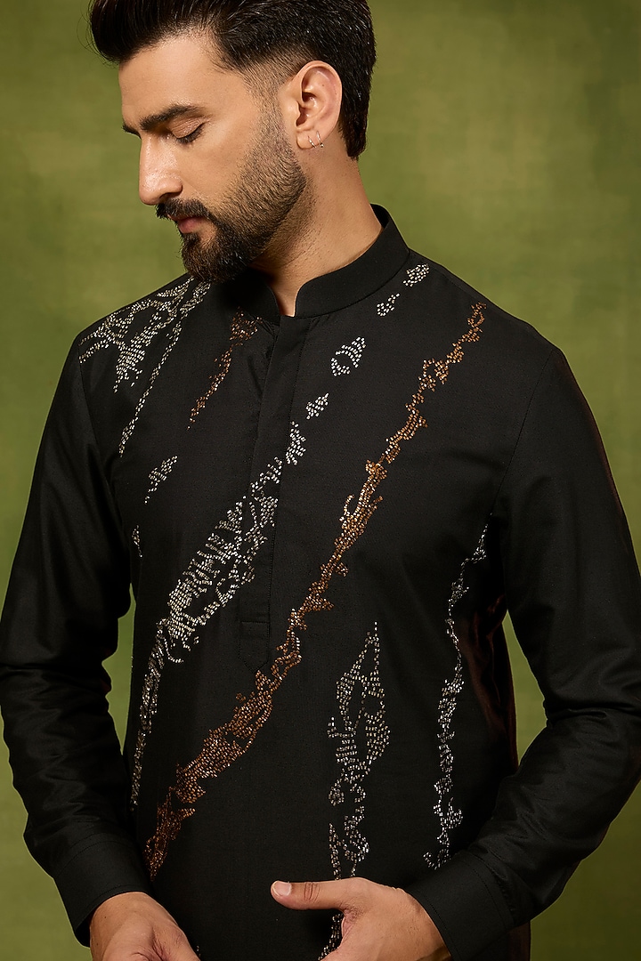 Black Silk Woven Kurta Set by Abkasa at Pernia's Pop Up Shop