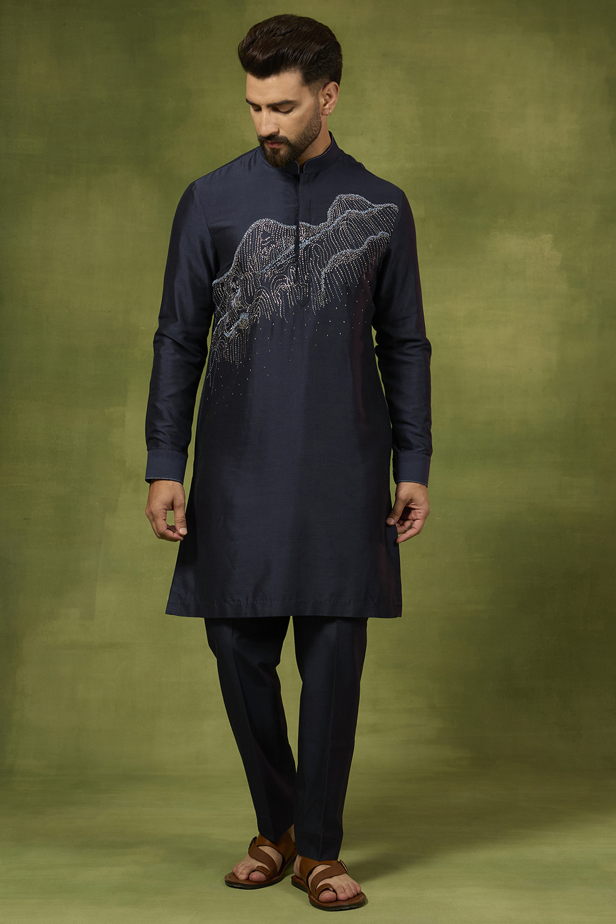 Navy Blue Silk Woven Kurta Set by Abkasa