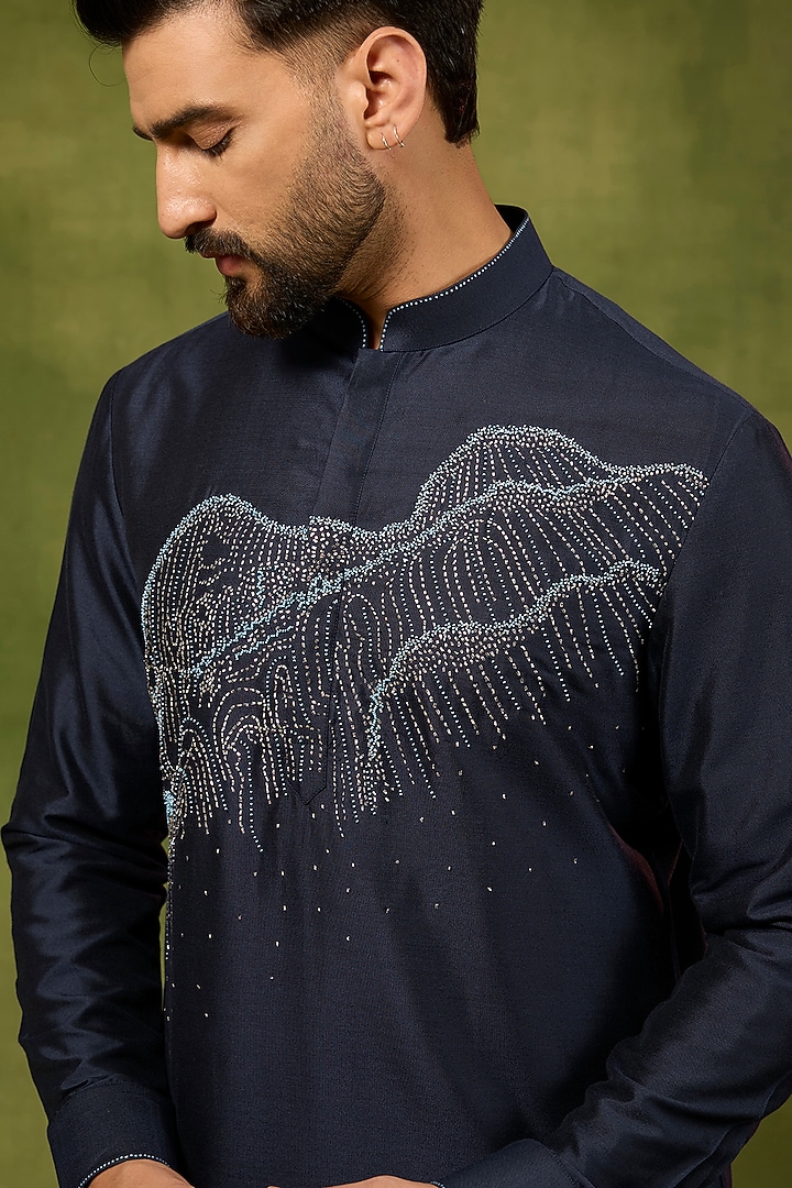 Navy Blue Silk Woven Kurta Set by Abkasa at Pernia's Pop Up Shop