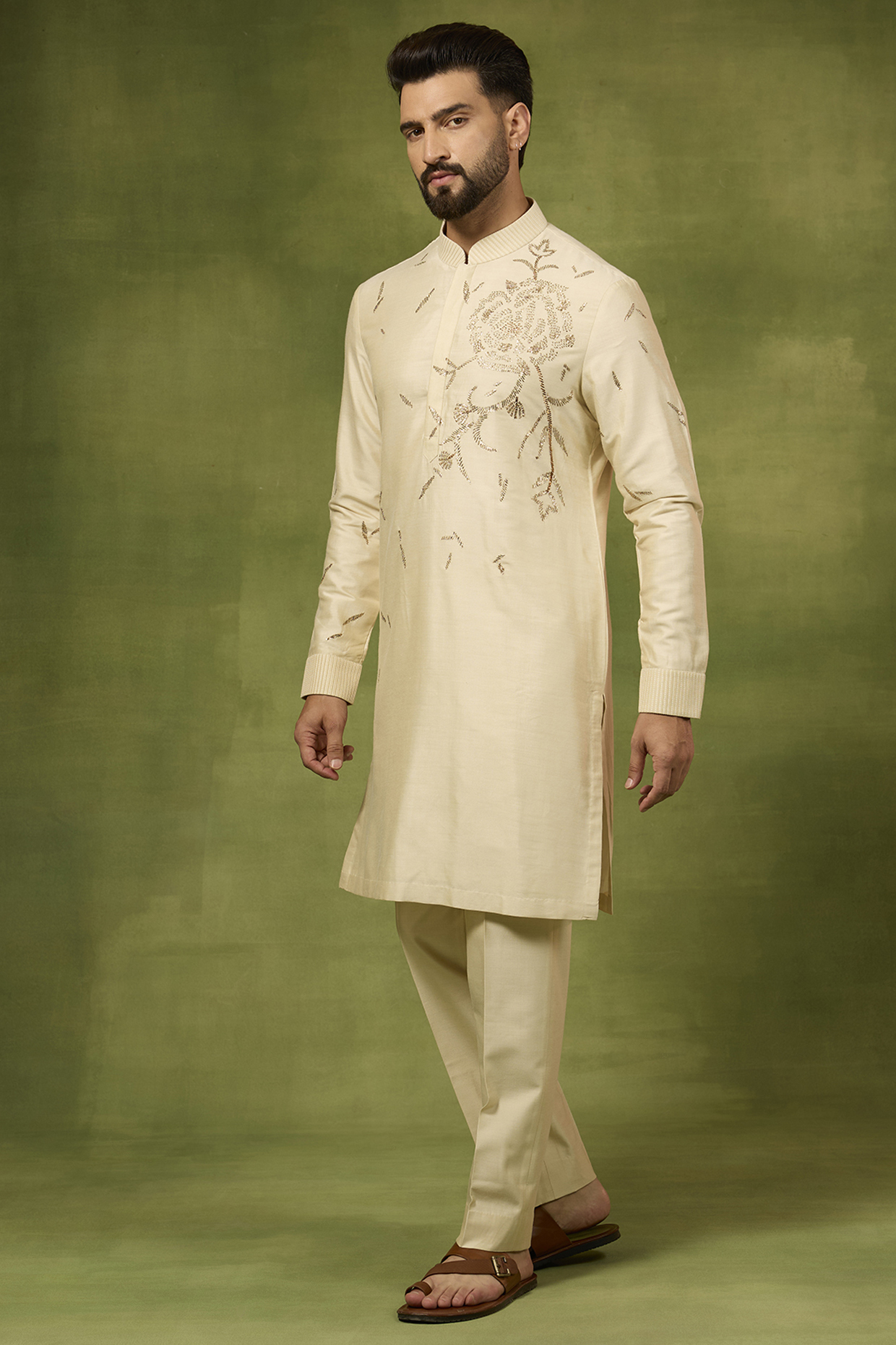 Beige Silk Woven Kurta Set by Abkasa