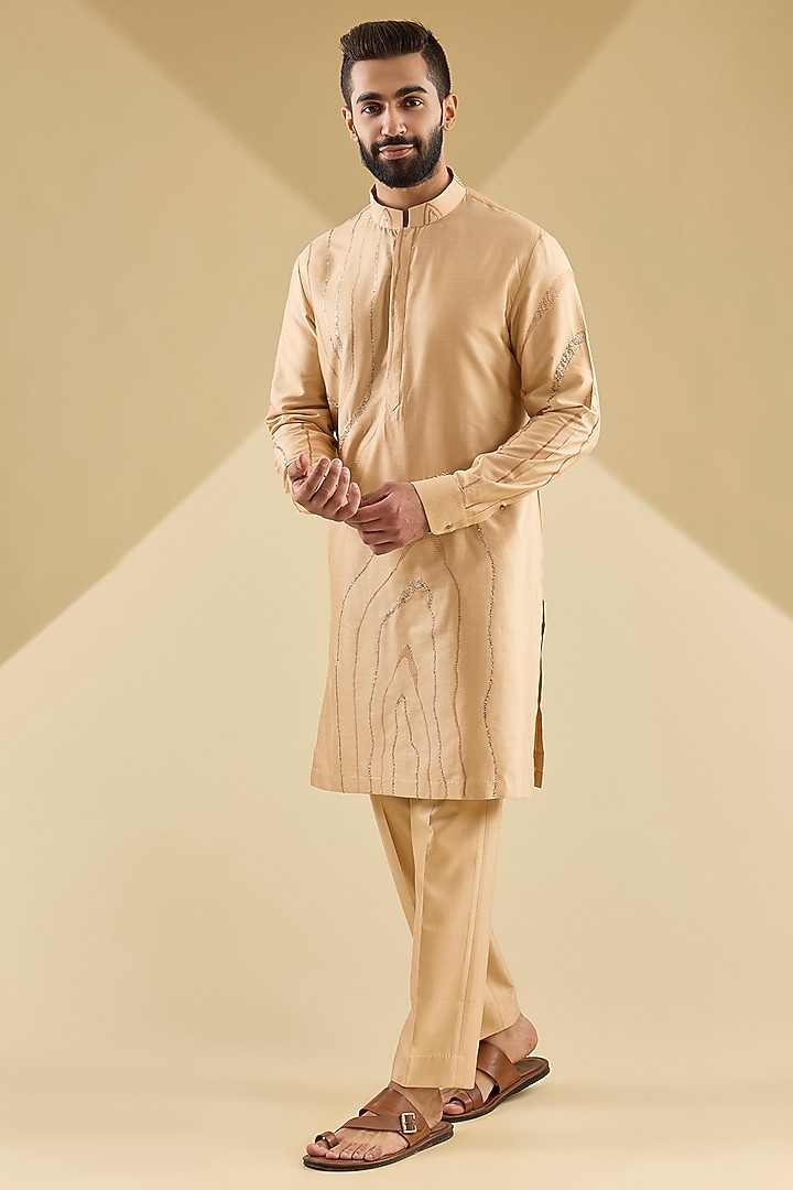 Light Orange Katan Silk Kurta Set by Abkasa at Pernia's Pop Up Shop