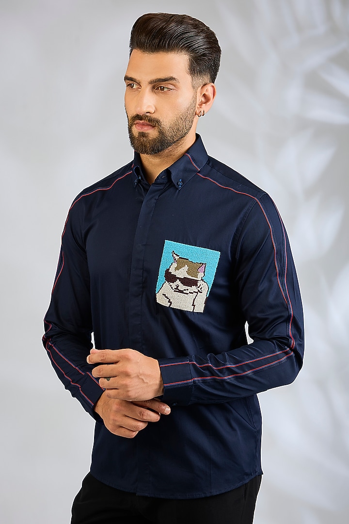 Navy Blue Cotton Party Wear Shirt by Abkasa at Pernia's Pop Up Shop