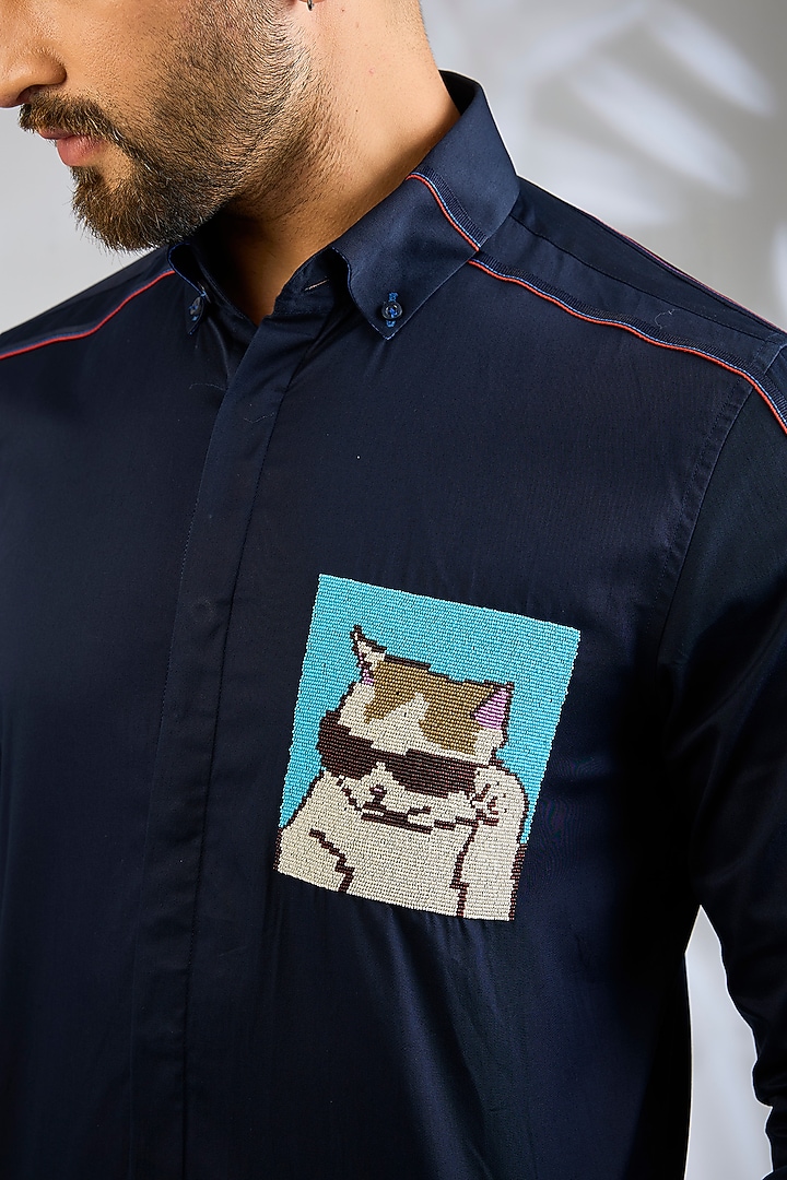 Navy Blue Cotton Party Wear Shirt by Abkasa at Pernia's Pop Up Shop