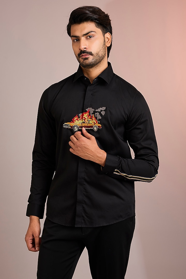 Black Cotton Party Wear Shirt by Abkasa at Pernia's Pop Up Shop