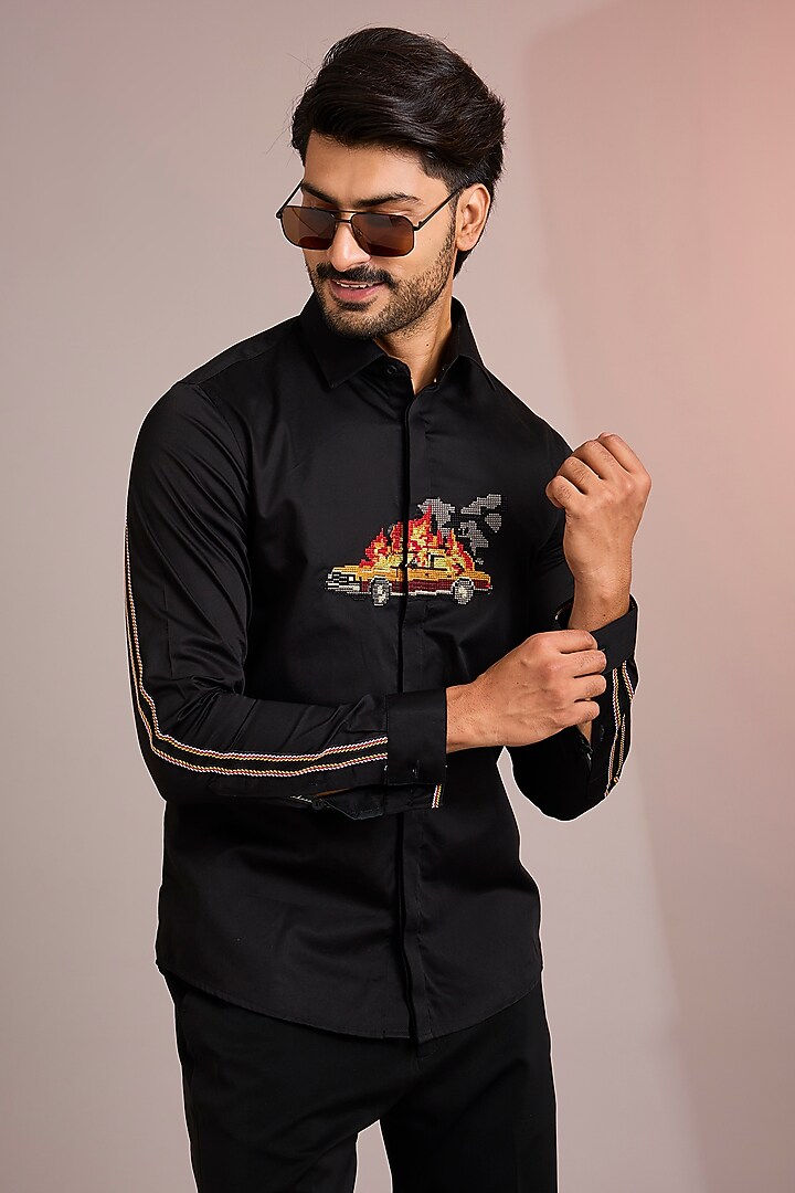 Black Cotton Party Wear Shirt by Abkasa at Pernia's Pop Up Shop