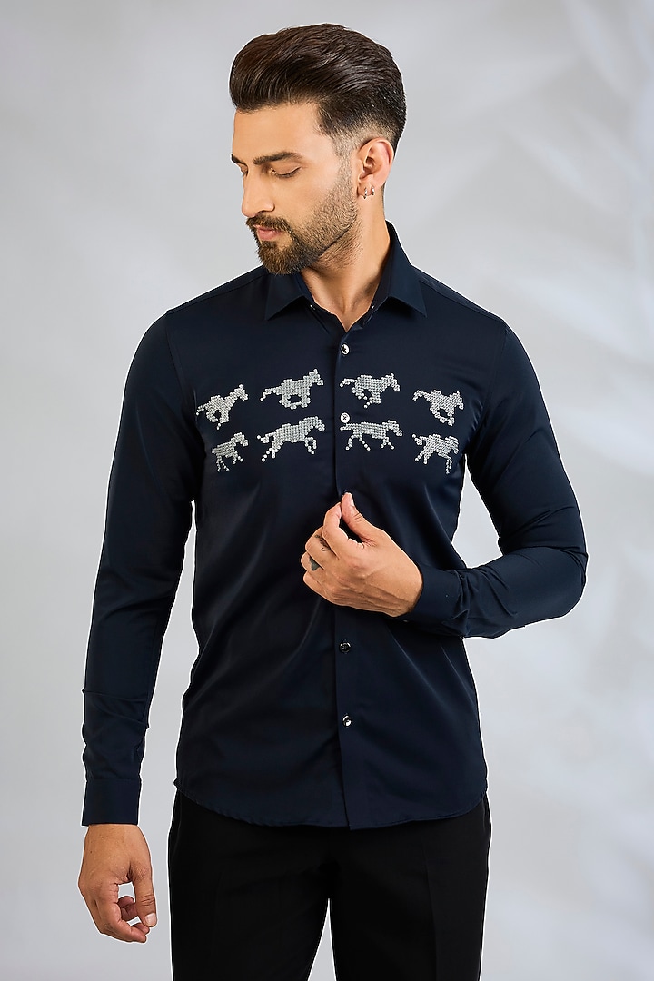 Navy Blue Cotton Party Wear Shirt by Abkasa at Pernia's Pop Up Shop