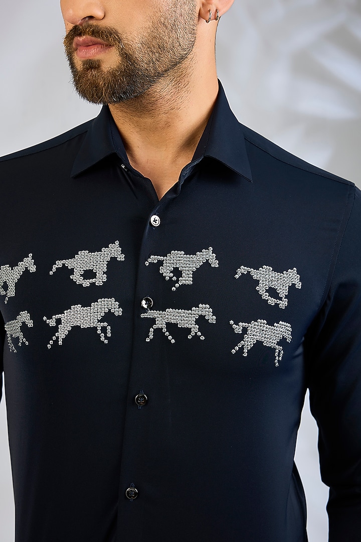 Navy Blue Cotton Party Wear Shirt by Abkasa at Pernia's Pop Up Shop