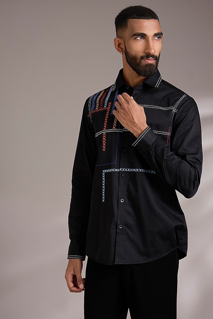 Black Cotton Party Wear Shirt by Abkasa at Pernia's Pop Up Shop