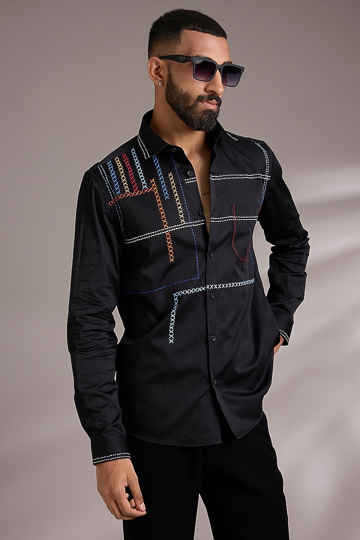 Black Cotton Party Wear Shirt by Abkasa at Pernia's Pop Up Shop