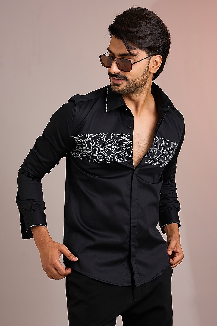 Black Cotton Party Wear Shirt by Abkasa at Pernia's Pop Up Shop